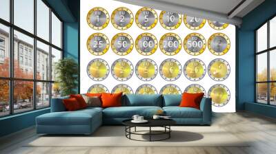 European Union tokens or medals vector set. Obverse and reverse of bimetallic coins with denominations from 1 to 500 euros. Isolated white background Wall mural