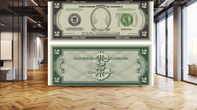 Two dollars banknote. Gray obverse and green reverse fictional US paper money in style of vintage american cash. Frame with guilloche mesh and bank seals. Jefferson Wall mural