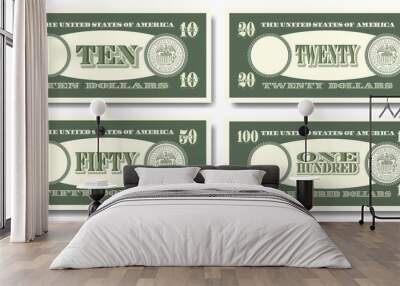 US fictitious green paper money in denominations of  ten, twenty, fifty and one hundred dollars Part two Wall mural