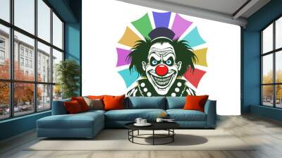 Vector graphic green scary smiling toothy sinister clown with red nose and hat. Circus freak. Sticker or icon. White isolated background. Wall mural