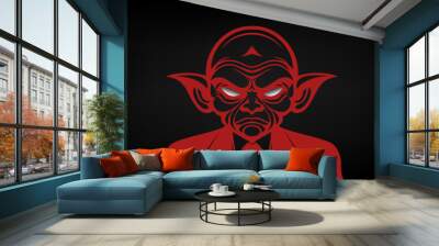 Vector graphic red portrait of a sullen evil goblin wearing a suit, tie and empty white eyes. Black isolated background. Wall mural