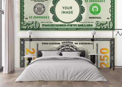 Vector highly detailed fictional beautiful 250 US dollar banknote. Obverse and reverse of American bill with guilloche patterns. Empty circle in center. Sample, your image. Two hundred fifty dollars. Wall mural