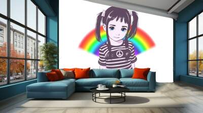 Vector portrait of a cute beautiful pleasant young little kawaii anime girl with big blue eyes, pigtails and a striped t-shirt. Against the backdrop of a rainbow. Symbol of peace. Wall mural