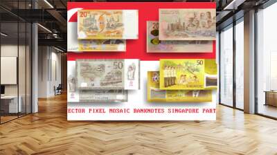 Vector set of pixel mosaic banknotes of Singapore. Collection of notes in denominations of 20 and 50 dollars. Obverse and reverse. Play money or flyers. Part 4 Wall mural