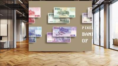 Vector set of pixelated mosaic banknotes of Taiwan. Notes in denominations of 100, 200, 500, 1000 and 2000 taiwanese dollars. Wall mural