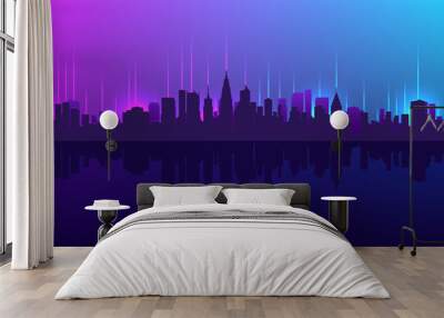 Vector silhouette of a large coastal city. Neon glow and rays. Big town in cyberpunk style. Cityscape. Wide bright banner. Wallpaper or background. Wall mural