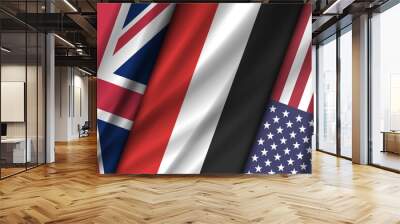 Wavy flags of Great Britain, Yemen and USA. Political banner. Wall mural