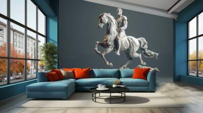 A 3D rendered sculpture of a man riding a horse. Wall mural