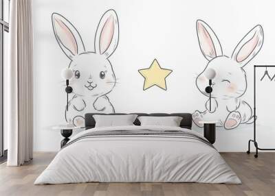 A black and white drawing of a cute cartoon bunny. Wall mural