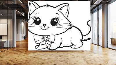 A black and white drawing of a cute cartoon kitten. Wall mural