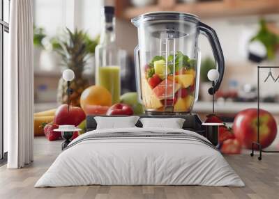 A blender filled with fruit and a counter full of fruit. Wall mural