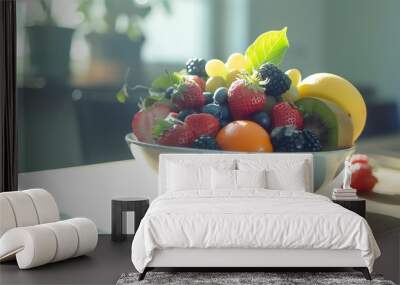 A bowl of fresh fruit on a table in front of a window. Wall mural