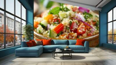 A bowl of quinoa with peppers, tomatoes, and cucumbers. Wall mural