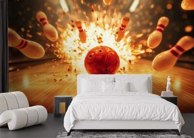 A bowling ball striking pins, with sparks flying. Wall mural