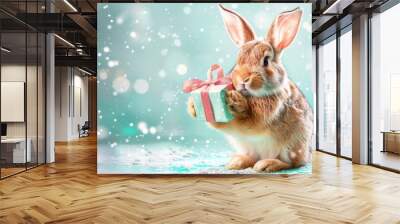 A brown rabbit holds a small wrapped gift in front of a snowy background. Wall mural