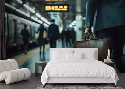 A businessman walks through a train station with a briefcase. Wall mural