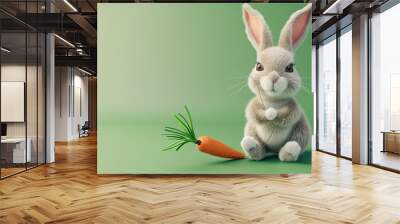 A cartoon bunny is sitting on a green background with a carrot. Wall mural