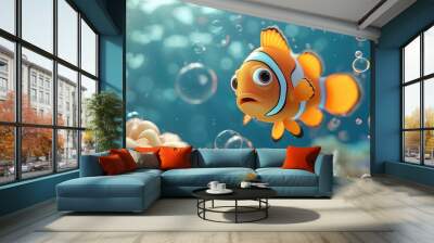 A cartoon clownfish swims near bubbles. Wall mural