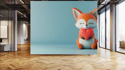 A cartoon fox holding a red heart on a blue background. Wall mural