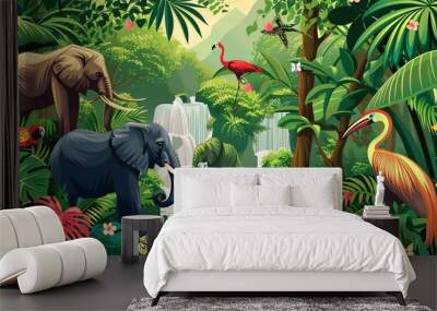 A cartoon illustration of a jungle with animals including an elephant, giraffe, flamingo, bird, and butterflies. Wall mural