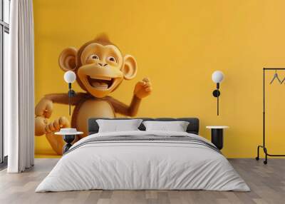 A cartoon monkey smiles on an orange background. Wall mural