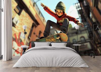 A cartoon style illustration of a young person skateboarding. Wall mural