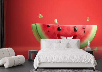 A cartoon watermelon slice with a smiley face against a red background. Wall mural