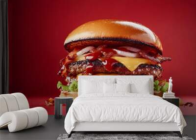 A cheeseburger with bacon and onion on a bun. Wall mural