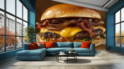 A cheeseburger with bacon and onion on a bun. Wall mural