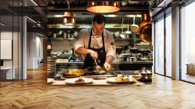 A chef is hard at work in a commercial kitchen. He is surrounded by stainless steel appliances and copper pots and pans. Wall mural