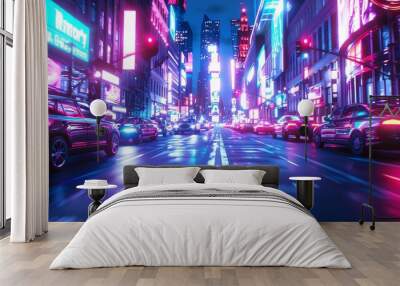 A city street at night with neon lights and cars driving. Wall mural