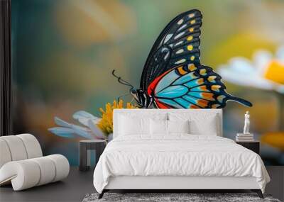 A colorful butterfly lands on a white flower with a yellow center. Wall mural