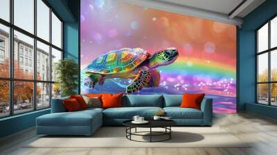 A colorful cartoon turtle on a rainbow water surface. Wall mural