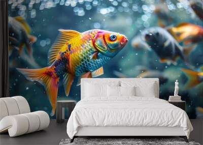 A colorful fish swims in an aquarium with other fish. Wall mural