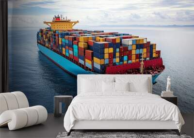 A container ship sails on a calm blue ocean. Wall mural