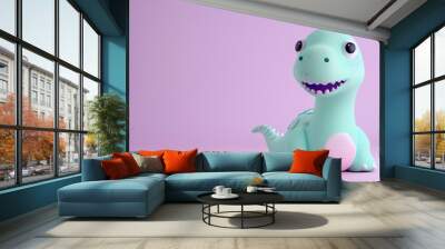 A cute, green cartoon dinosaur on a pink background. Wall mural