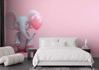 A cute cartoon elephant with a pink balloon on a pink background. Wall mural