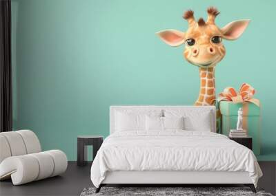 A cute cartoon giraffe standing next to a gift box on a turquoise background. Wall mural