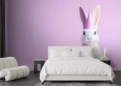 A cute white rabbit wearing a pink party hat sits on a pink background with two colorful balls. Wall mural