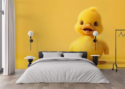 A cute yellow duckling smiling on a yellow background. Wall mural