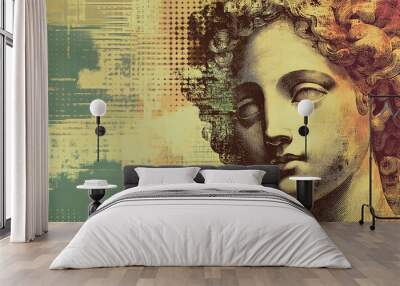 A detailed vintage illustration of a woman's face with a grunge background. Wall mural