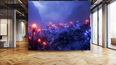 A digital illustration of a fantastical, glowing landscape. Wall mural