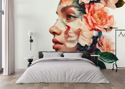 A double exposure portrait of a woman with flowers layered over her face. Wall mural