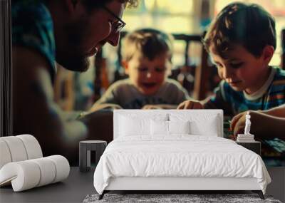 A father and his two children play a board game at a table. Wall mural