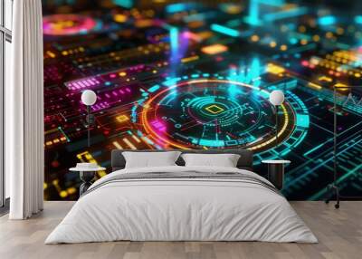 A futuristic, glowing digital interface with bright colors. Wall mural