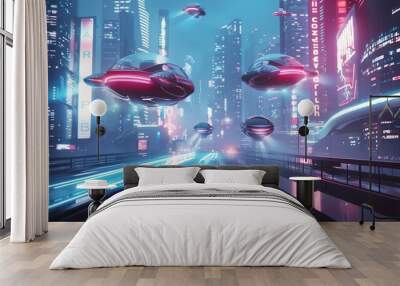 A futuristic city with flying cars and glowing lights. Wall mural