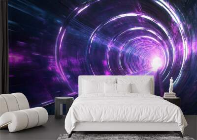 A futuristic tunnel with glowing neon lights in pink and blue. Wall mural