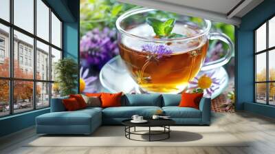 A glass cup of herbal tea with flowers and mint leaves floating inside. Wall mural