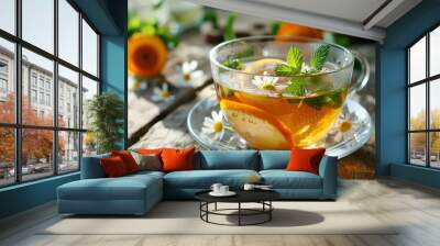 A glass cup of tea with orange slices, mint, and chamomile flowers. Wall mural