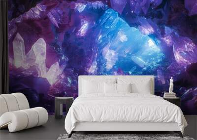 A glowing, crystal cave with purple and blue light. Wall mural